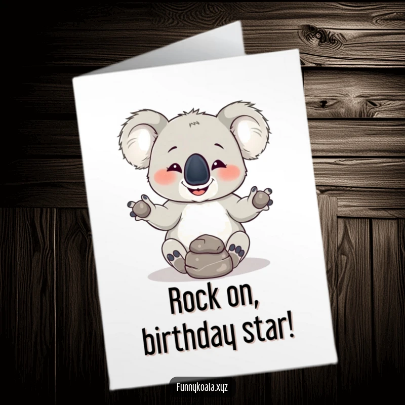 Funny Free Printable Birthday Card: Mischievous koala artistically juggles rocks with a wide, cheeky grin.