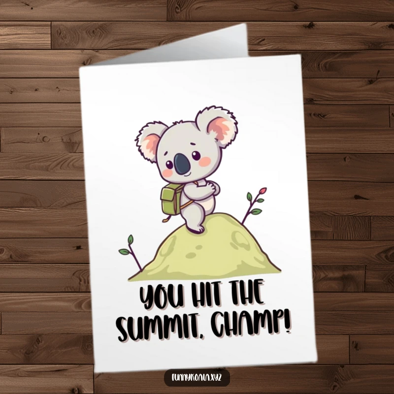 Funny Free Printable Congratulations Card with a koala in a backpack hiking a hill, celebrating reaching the top.