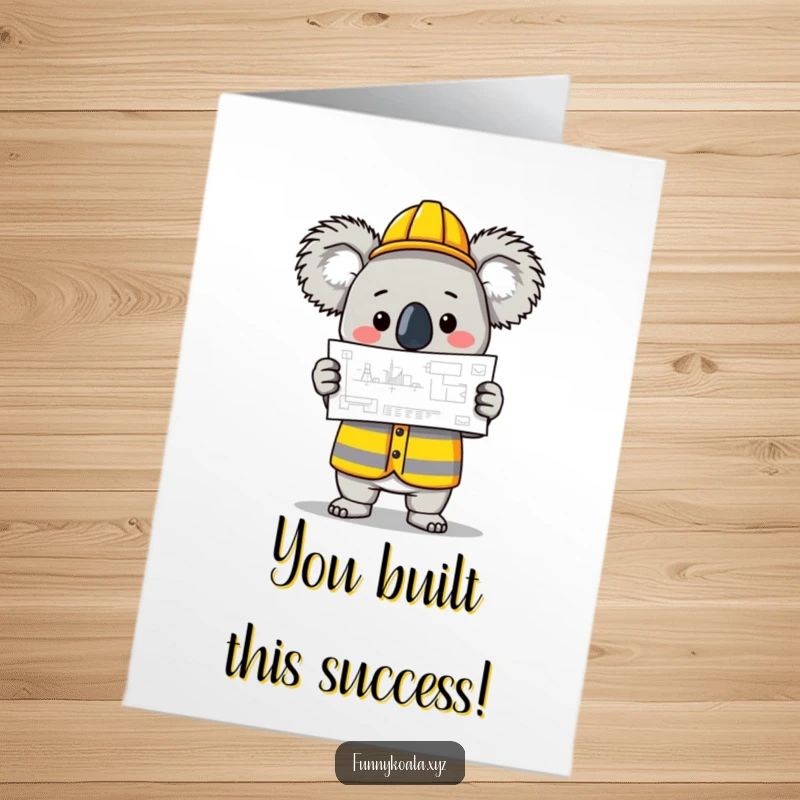 Funny Free Printable Congratulations Card showing a koala in a construction vest proudly holding up a blueprint, celebrating achievement.