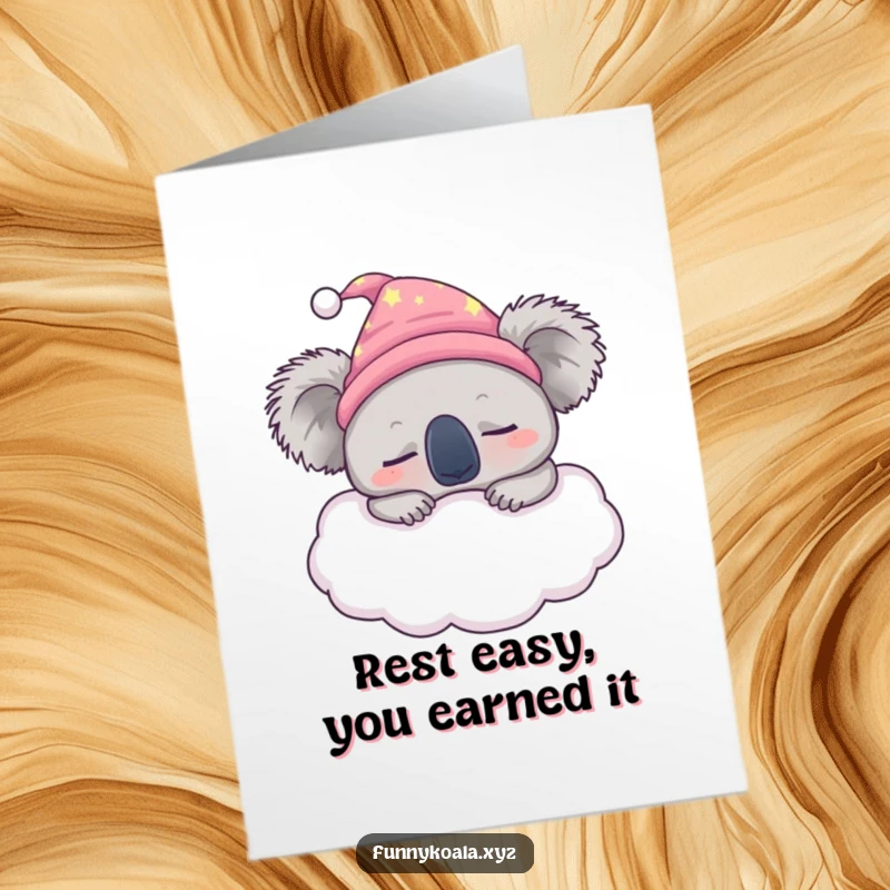 Funny Free Printable Congratulations Card: Sleepy koala in nightcap snoozes on cloud, celebrating a peaceful achievement.
