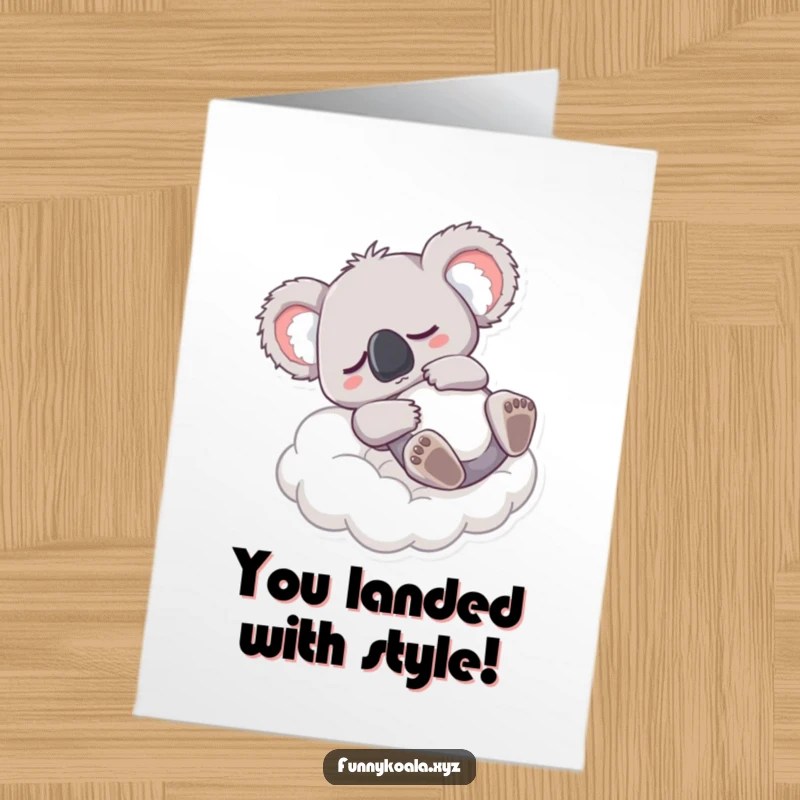 Funny free printable congratulations card of a sleepy koala falling onto a cloud, symbolizing serene success and relaxation.