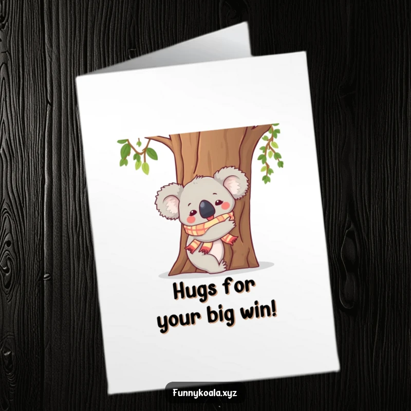 Free Printable Congrats Card: A koala wearing a small scarf enthusiastically hugs a big tree trunk.