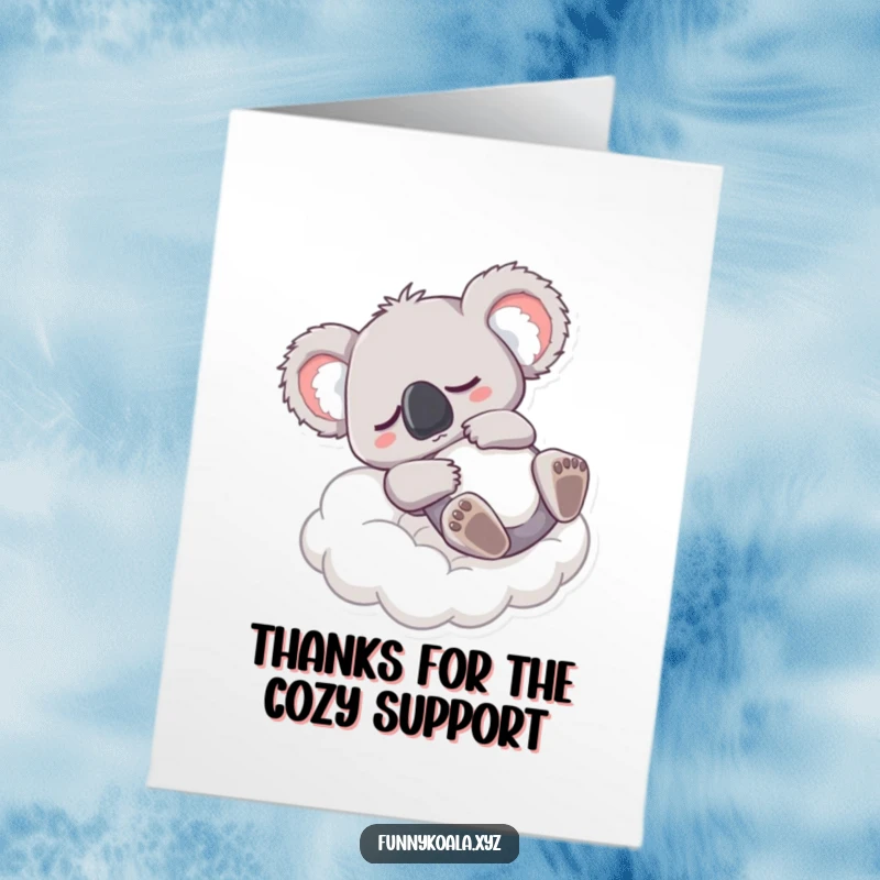 Funny free printable thank you card showing a sleepy koala character landing softly on a cloud, conveying relaxed appreciation.