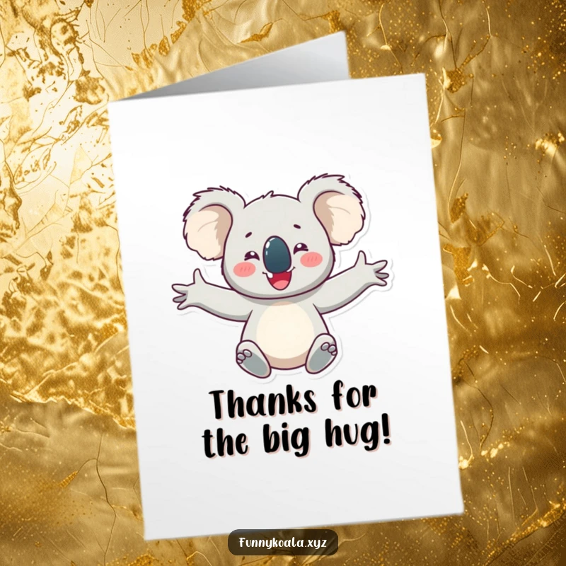 Funny Free Printable Thank You Card featuring a very happy koala with arms outstretched, looking thrilled.