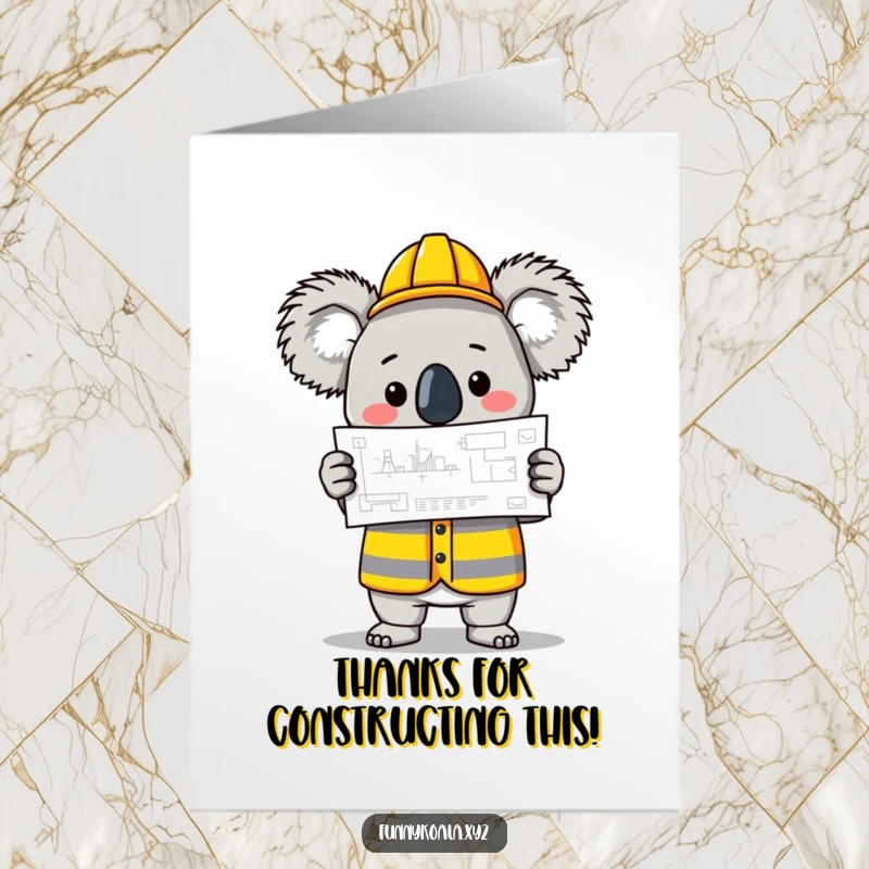 Funny Free Printable Thank You Card featuring a koala in a construction vest holding a blueprint, expressing thanks for collaboration.
