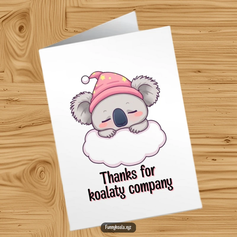 Funny Free Printable Thank You Card: Sleepy koala in nightcap snoozes on cloud, offering tranquil thanks.