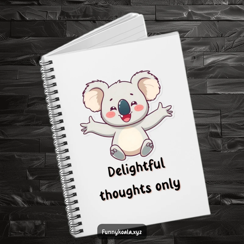 Funny koala notebook cover showing a happy koala character with arms outstretched in delight, perfect for journaling and creative notes.