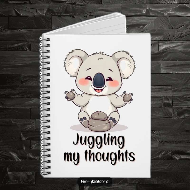 Funny Koala Notebook: A mischievous koala attempts to juggle three rocks, perfect for jotting down notes with a touch of humor.