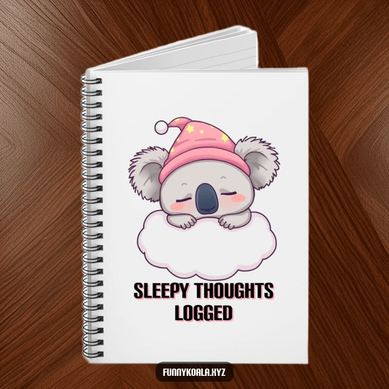 Funny sleepy koala notebook cover featuring a koala in a nightcap snoozing on a fluffy cloud, inspiring restful thoughts.