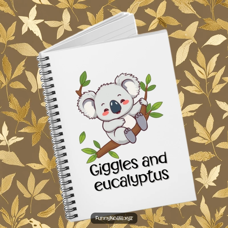 Funny koala notebook cover showing a giggling koala character sliding down a eucalyptus branch, perfect for journaling and creative notes.