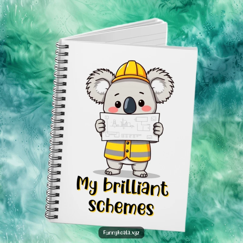 Funny Koala Builder Notebook with a koala in a construction vest holding a blueprint, ideal for project planning. Ideal funny gift.