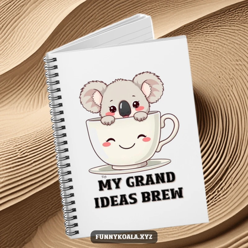 Funny Koala Notebook with a koala peeking from a large smiling teacup, great for journaling and note-taking. Ideal funny gift.
