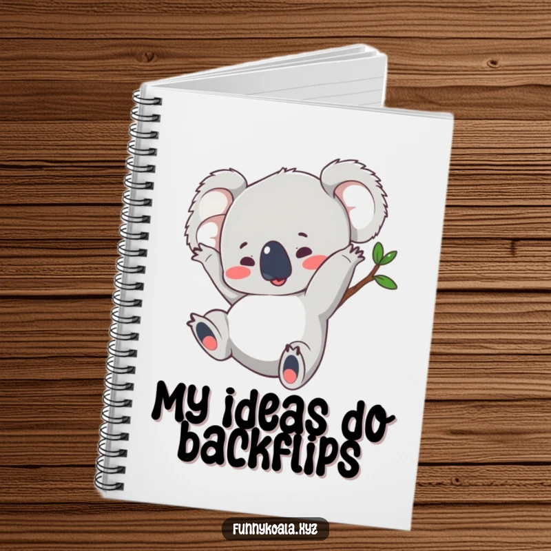 Funny koala notebook with a koala captured in a funny somersault, perfect for jotting down ideas with a dose of whimsy.