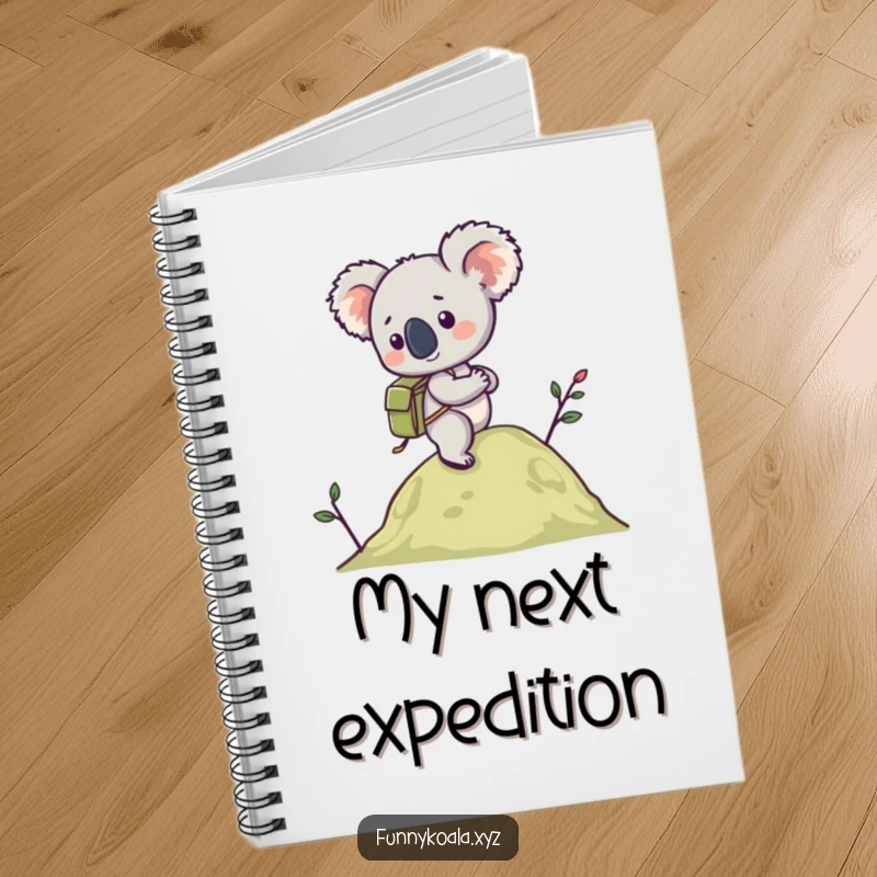 Funny Koala Hiking Notebook with a koala in a tiny backpack hiking a hill, ideal for planning and notes. Ideal funny gift.