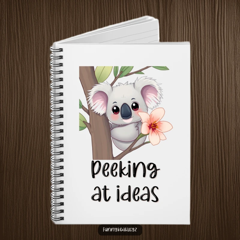 Funny Koala Notebook: A curious koala with big eyes peeks from behind a eucalyptus bloom, perfect for notes with a hint of charm.