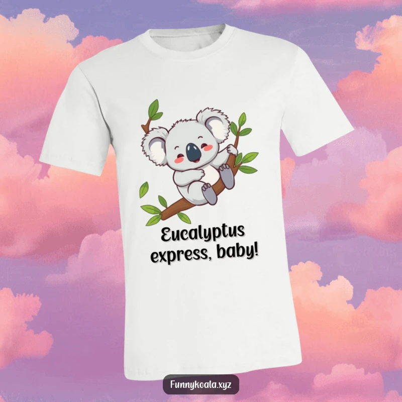 Funny koala t-shirt depicting a giggling koala character sliding downwards on a eucalyptus branch with sheer delight, ideal for humor enthusiasts.