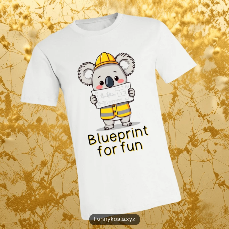 Funny Koala Builder T-Shirt with a koala in a construction vest holding a blueprint, perfect for DIY enthusiasts. Excellent funny gift.