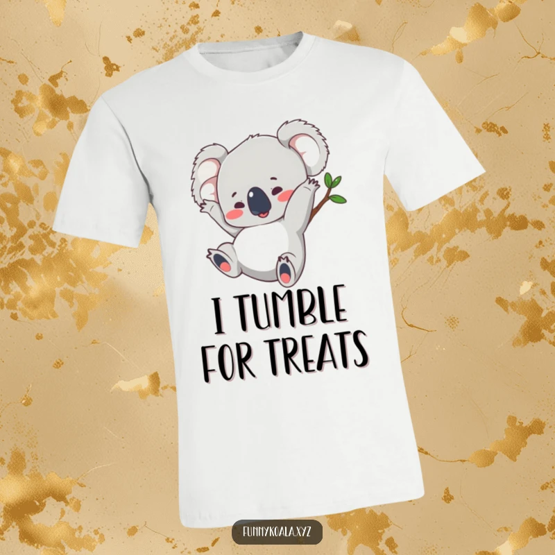 Funny koala t-shirt featuring a koala performing a silly, energetic somersault with a wide grin, celebrating playful movement.