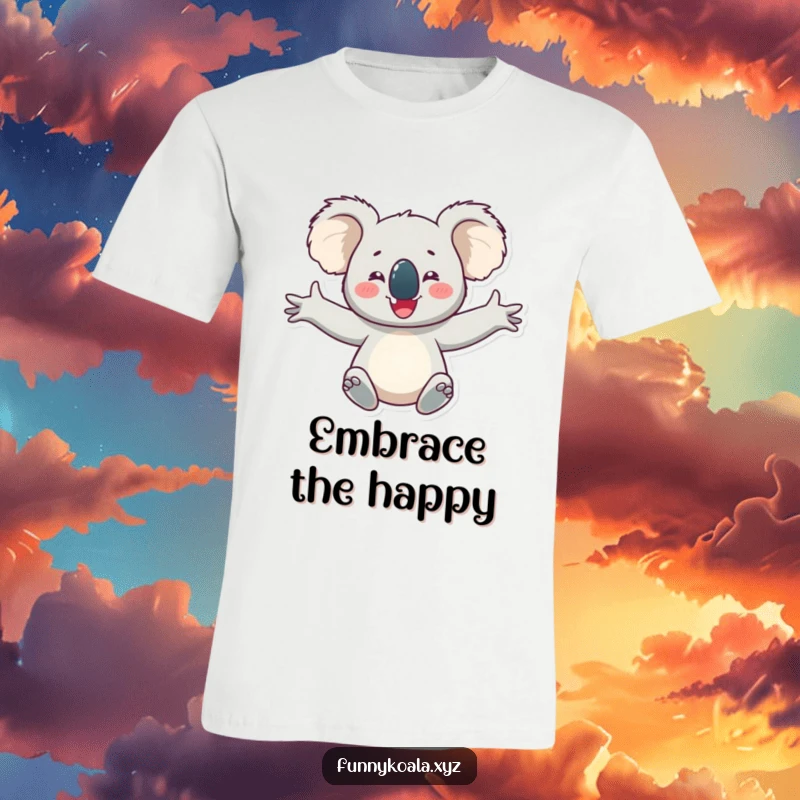Funny koala t-shirt depicting a happy koala character with arms outstretched, embodying pure delight and infectious happiness, ideal for cheerful people.