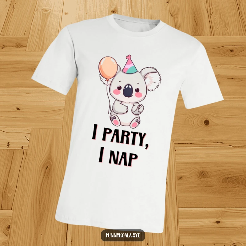 Funny koala t-shirt depicting a cute koala character in a party hat holding a balloon, ideal for cheerful celebrations and humor lovers.