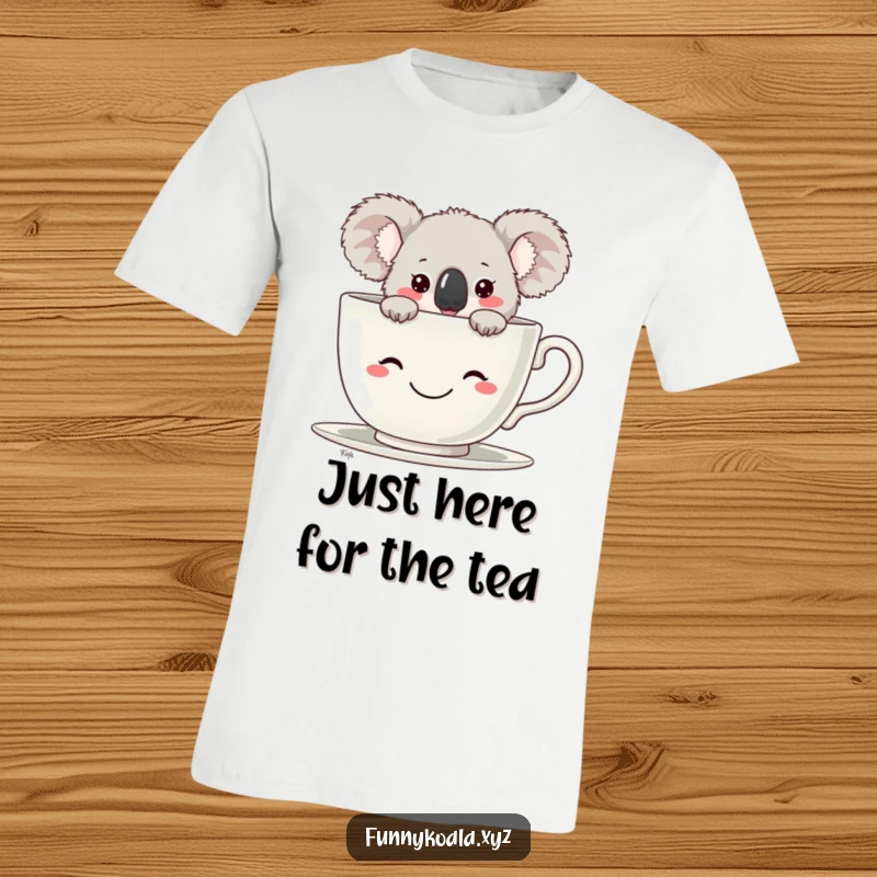 Funny Koala T-Shirt with a koala peeking over a giant smiling teacup, offering comfort and humor. Excellent funny gift idea.