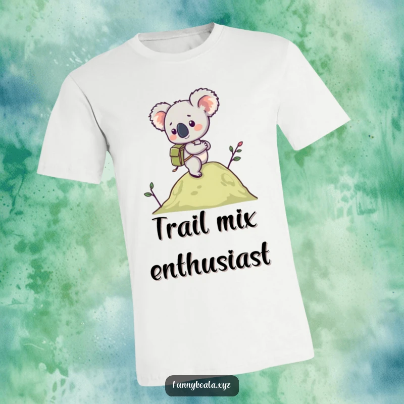 Funny Koala Hiking T-Shirt featuring a koala in a tiny backpack enthusiastically hiking a hill, perfect for outdoor lovers. Excellent funny gift.