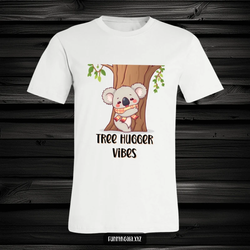 Funny Koala T-Shirt: A koala wearing a scarf warmly embraces a large tree trunk, conveying a sweet and humorous message.