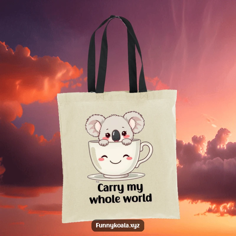 Funny Koala Tote Bag with a cute koala peeking from a giant smiling teacup, perfect for shopping and daily use. Great funny gift.