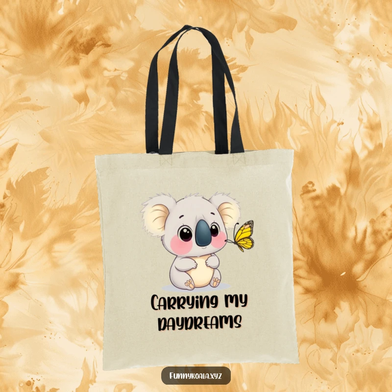 Funny Koala Butterfly Tote Bag with a koala watching a butterfly flutter past its nose, perfect for carrying essentials. Great funny gift.