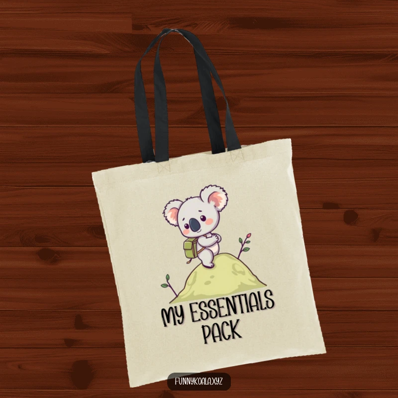 Funny Koala Hiking Tote Bag with a koala in a backpack enthusiastically hiking, perfect for carrying essentials. Great funny gift.