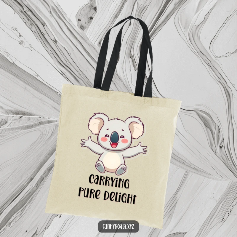Funny koala tote bag showing a happy koala with arms outstretched in delight, perfect for carrying items with a touch of pure joy.