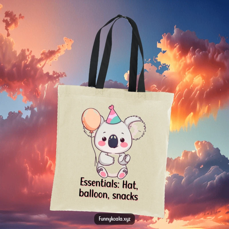 Funny koala tote bag showing a cute koala in a party hat with a balloon, perfect for carrying essentials with a festive and humorous touch.